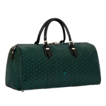 Load image into Gallery viewer, A dark green Goyardine monogram duffel bag with black leather handles and silver-tone hardware, photographed on a clean off-white background.
