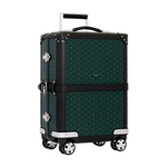 Load image into Gallery viewer, A Goyard 70cm square spinner suitcase in their signature Goyardine pattern, featuring a dark green and black geometric print, black trim, silver-tone hardware, and an extended telescoping handle, set against a solid off-white background.