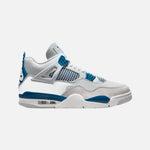 Load image into Gallery viewer, Air Jordan 4 Retro Military Blue 2024 sneaker in off-white leather with blue Jumpman tongue tag and eyelets
