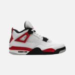 Load image into Gallery viewer, Air Jordan 4 Retro Red Cement sneaker in white leather with black and speckled Fire Red accents