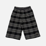Load image into Gallery viewer, Chrome Hearts After School flannel shorts in black with a leather scroll patch