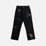 Load image into Gallery viewer, Chrome Hearts double knee carpenter jeans in black and brown with leather and cheetah cross patches