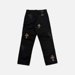 Load image into Gallery viewer, Chrome Hearts double knee carpenter jeans in black and brown with leather and cheetah cross patches, view 2