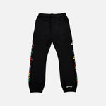 Load image into Gallery viewer, Chrome Hearts joggers in black with multicolour Cemetery Scroll graphic, view 2