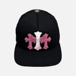Load image into Gallery viewer, Chrome Hearts trucker cap in black and pink with triple leather cross patch