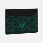 Load image into Gallery viewer, A Goyard card holder wallet featuring the brand's signature dark green and black chevron pattern with a green 'G' logo on the front, set against a solid off-white background.