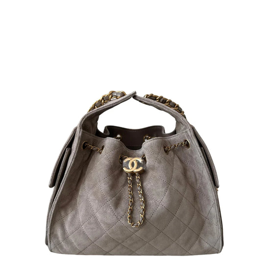 Chanel 25 Small Handbag Suede Calfskin & Gold Metal Dark Grey