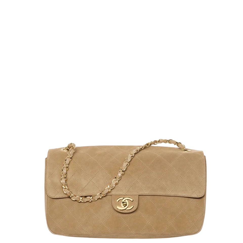 Chanel Suede Calfskin & Gold Metal Dark Beige Maxi Flap Bag