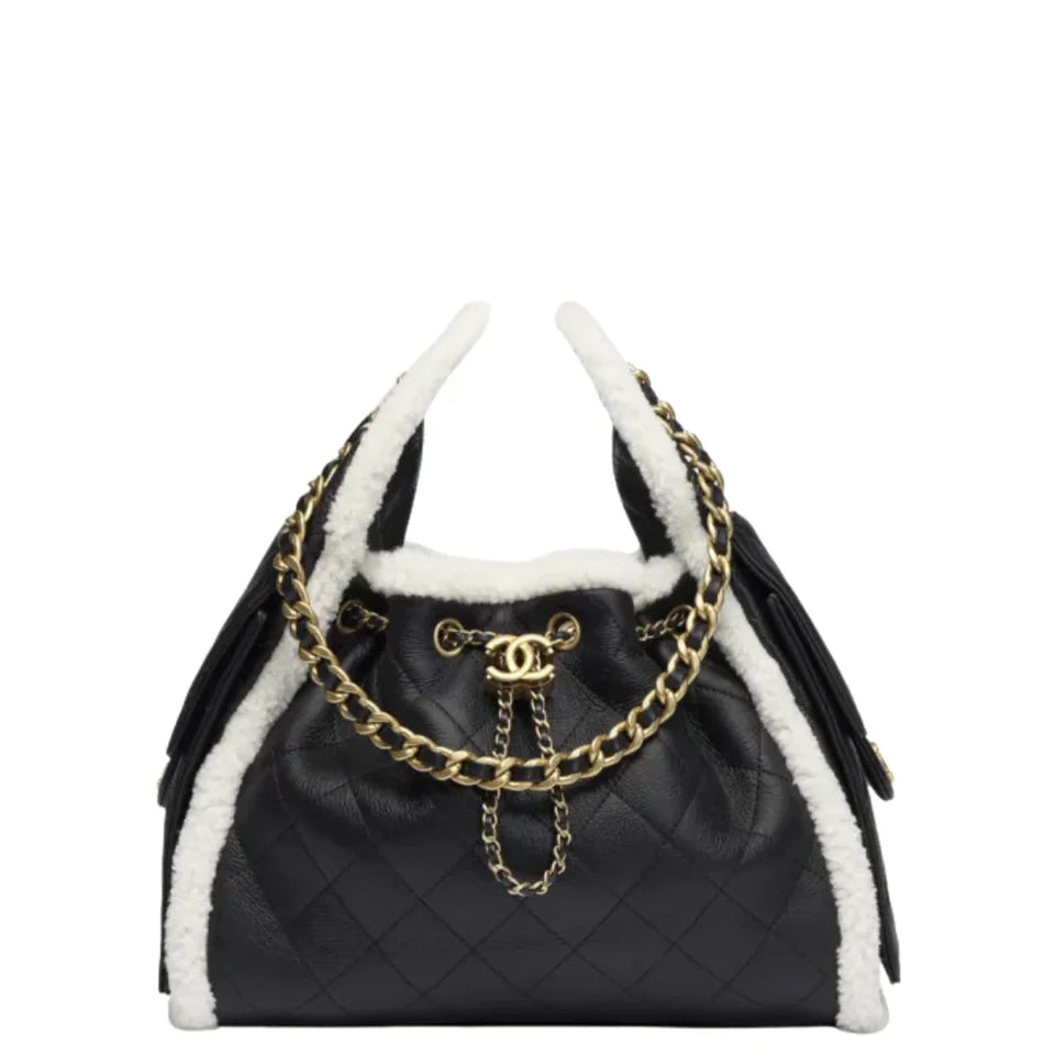 Chanel 25 Small Handbag Crumpled Shearling Sheepskin & Gold-Tone Metal Black & White