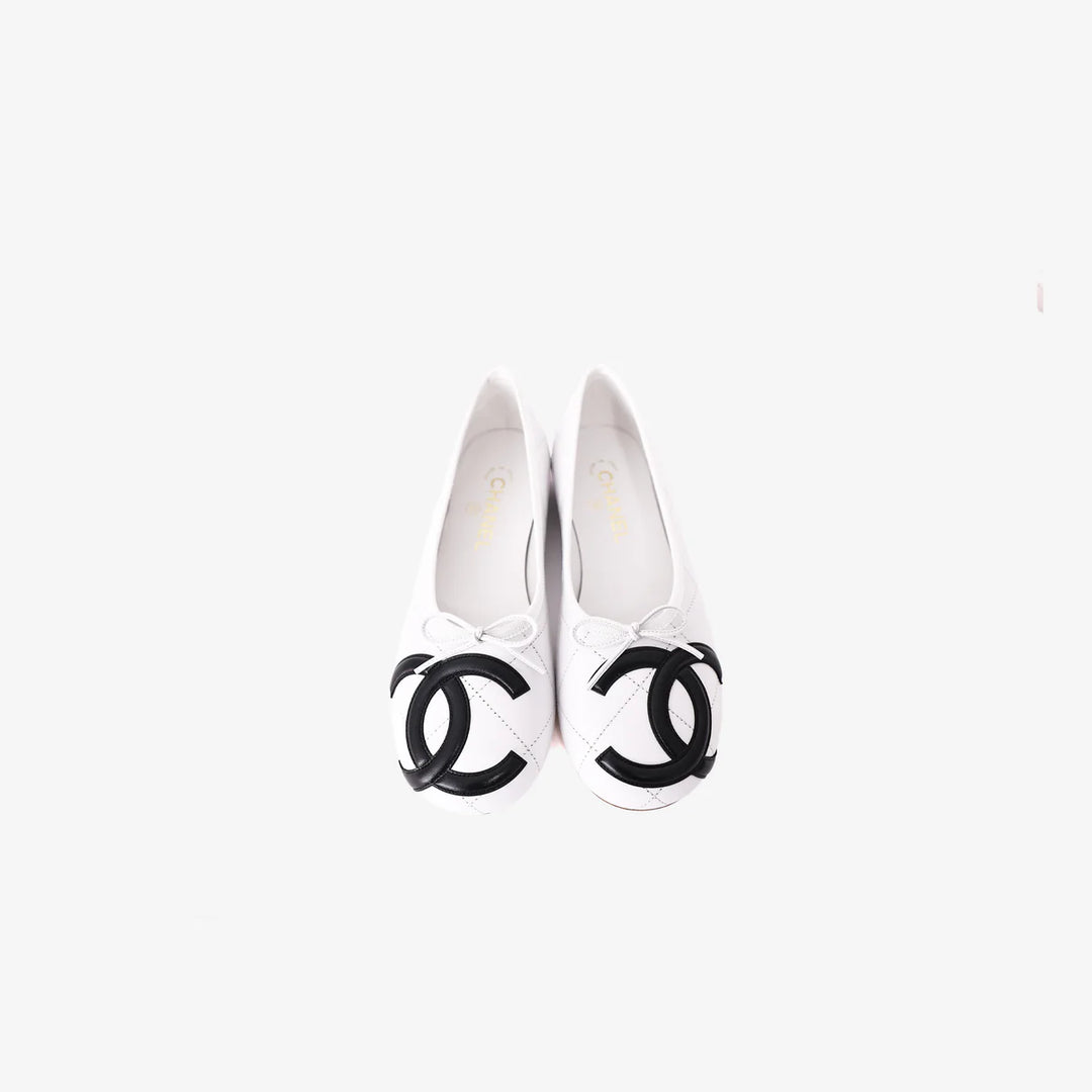 Chanel 2026 Coco Beach Cambon White and Black CC Logo Ballet Flats in Lambskin
