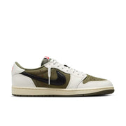 Air Jordan 1 Low OG x Travis Scott 'Medium Olive' in white leather and black suede with reversed olive Swoosh