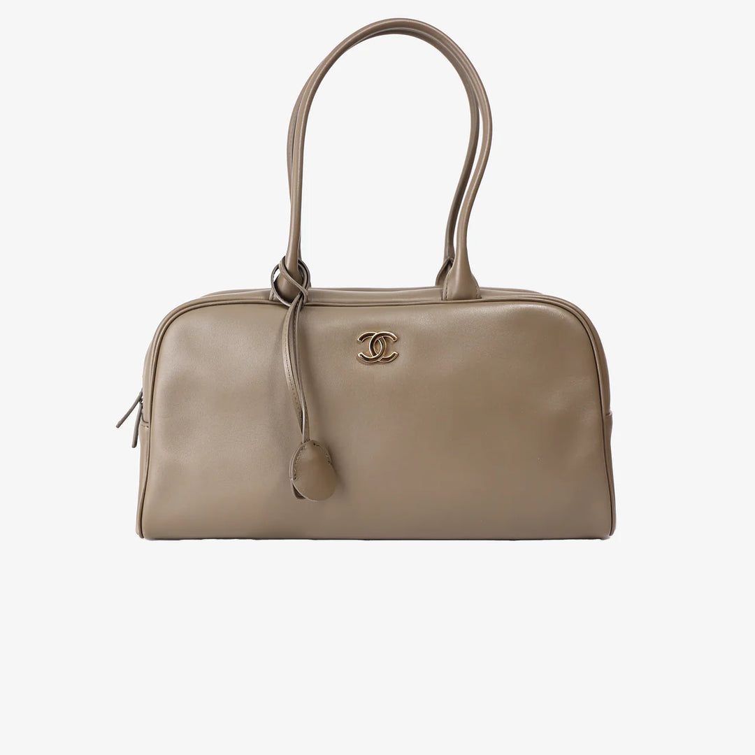Chanel Large Bowling Bag in Dark Khaki Calfskin Leather with Gold Hardware