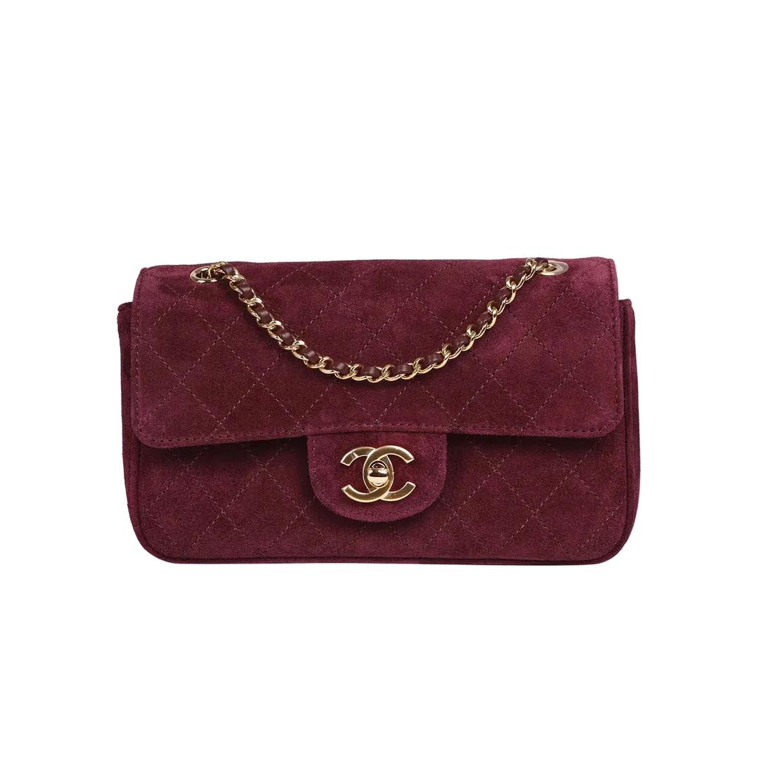 Chanel 26B Mini “Souplissimo” Flap Bag in Burgundy Suede with Gold Hardware
