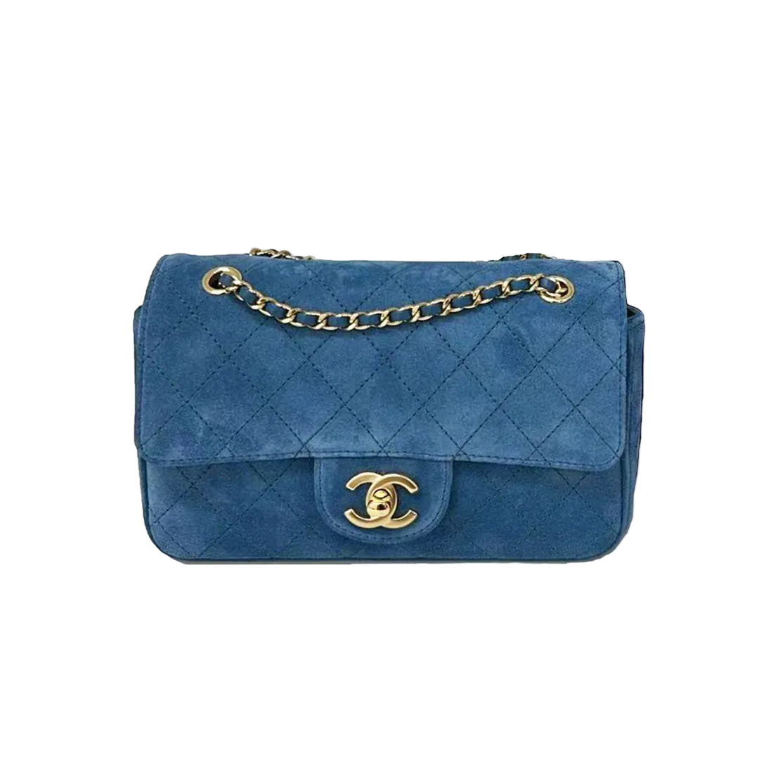 Chanel 26B Mini “Souplissimo” Flap Bag in Blue Suede with Gold Hardware