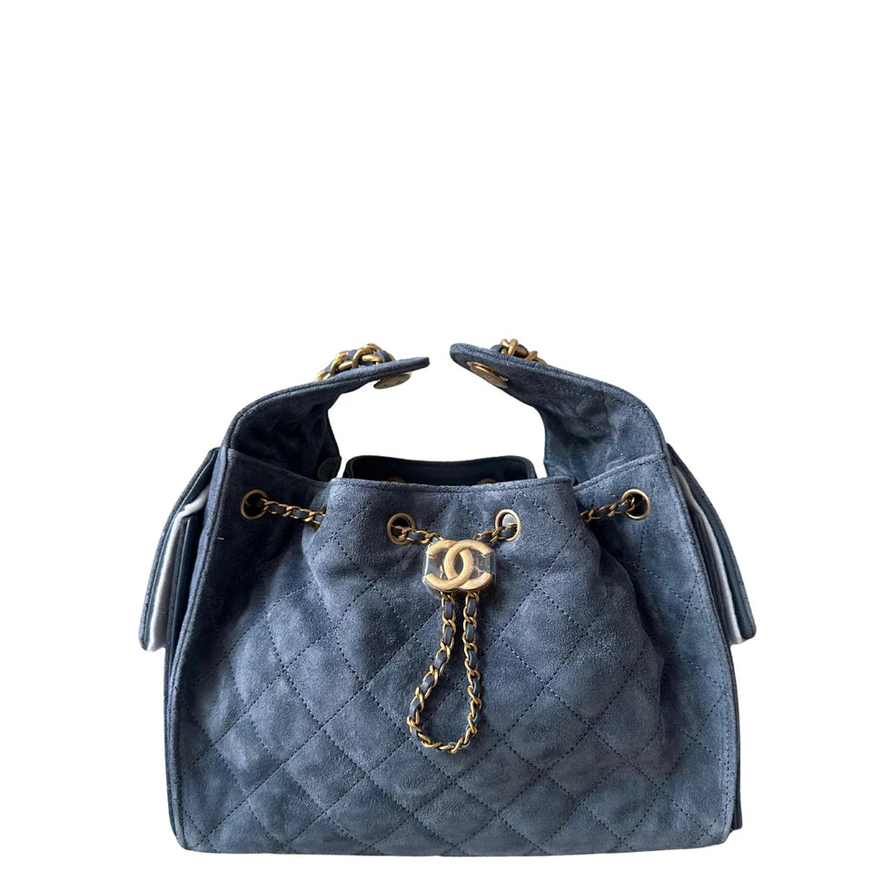 Chanel 25 Small Handbag Suede Calfskin & Gold Metal Blue