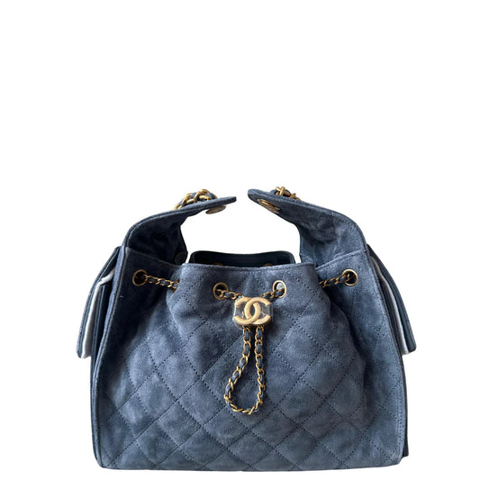 Chanel 25 Small Handbag Suede Calfskin & Gold Metal Blue