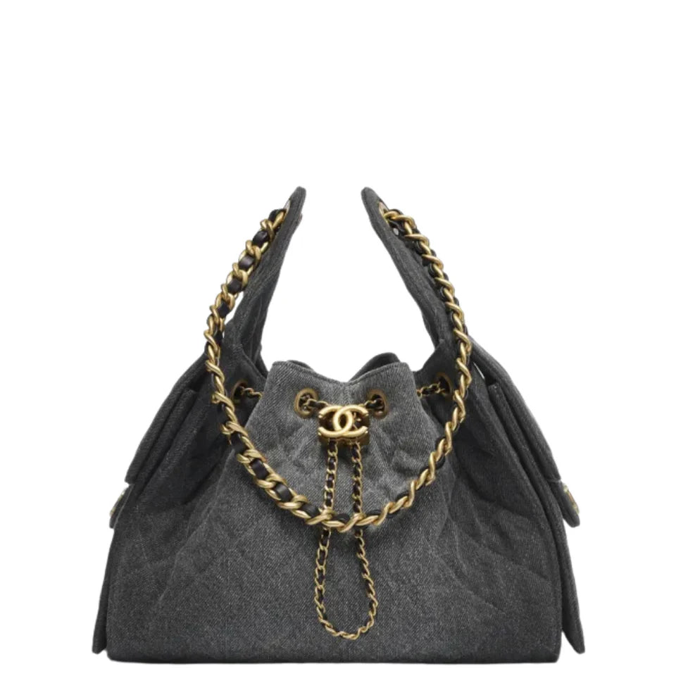 Chanel 25 Small Handbag Hobo Washed Denim & Gold-Tone Metal Black