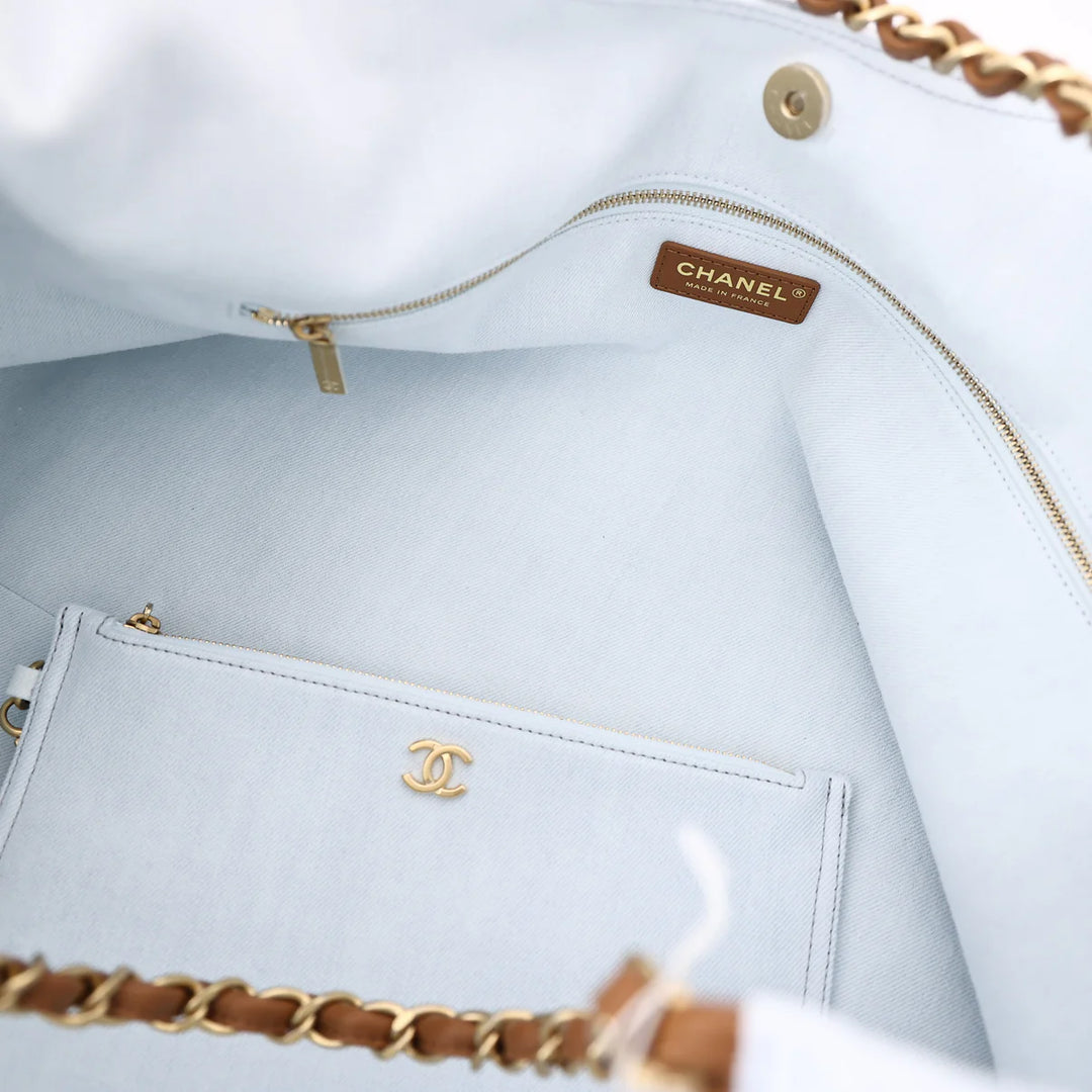 Chanel Coco Beach 2026 Denim Quilted Tote Bag with Brown Leather CC