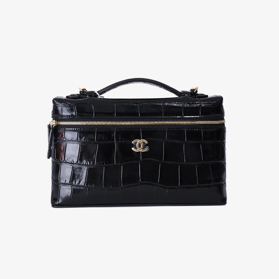 Chanel Trendy Handle Slim Vanity Pouch in Black Crocodile-Embossed Calfskin Leather with Gold Hardware