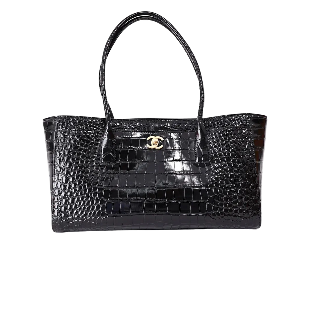 Chanel 26S Matthieu Blazy Crocodile-Embossed Shopping Tote in Black Calfskin with Gold Hardware
