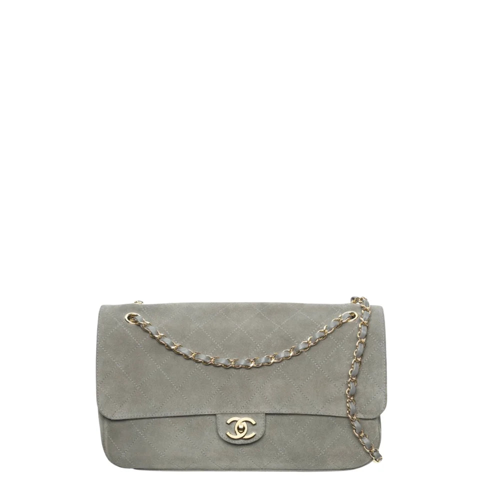 Chanel Maxi Flap Bag Suede Calfskin & Gold Metal Dark Grey