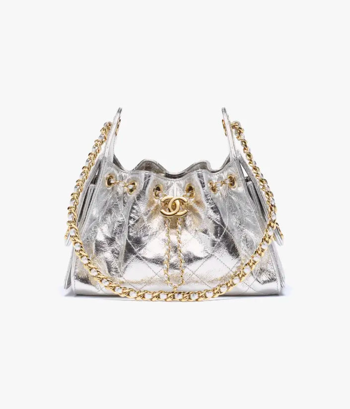 Chanel 25 Mini Handbag in Metallic Calfskin & Gold Metal Silvery