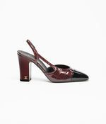 Load image into Gallery viewer, CHANEL 26A Metiers Dark Burgundy Croc Embossed Patent Leather Slingbacks