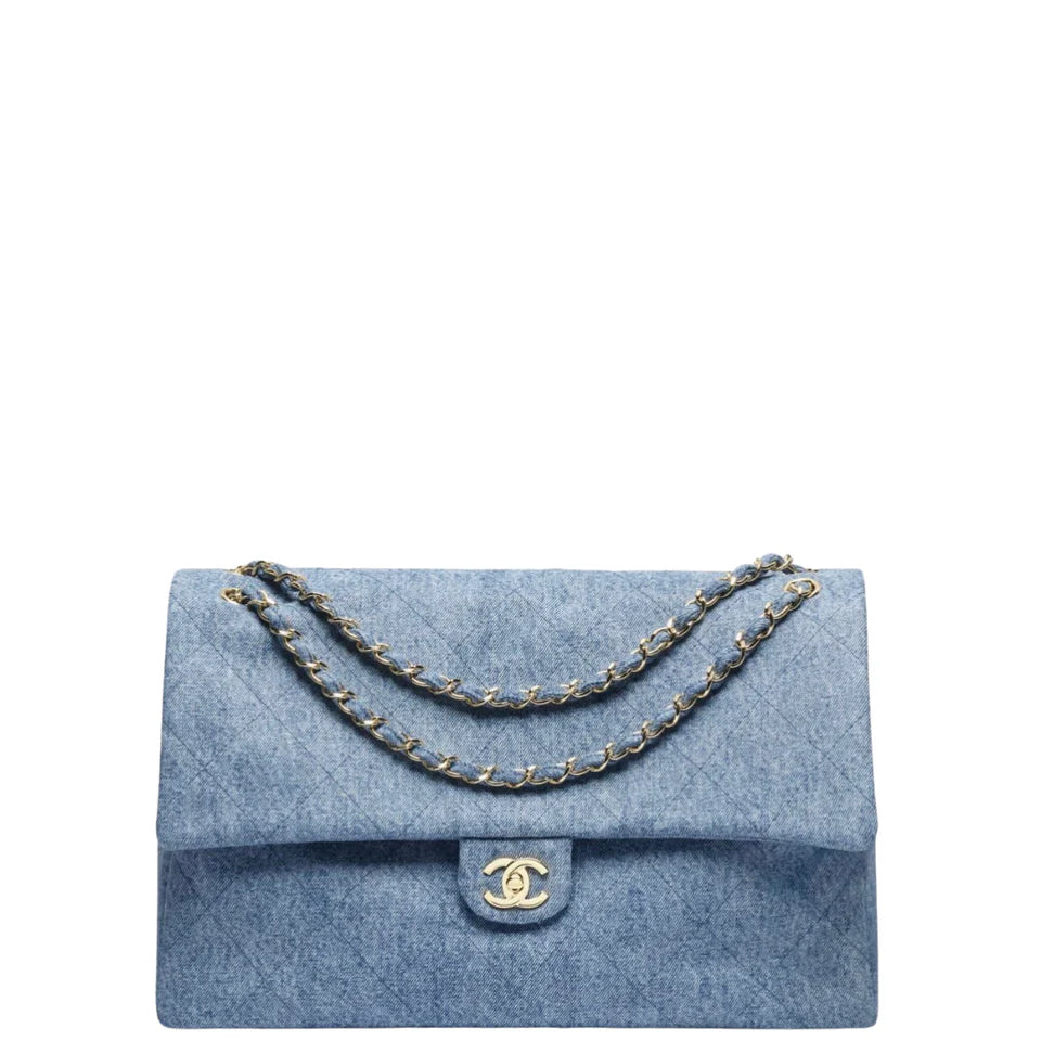 Chanel Maxi Flap Bag Washed Denim & Gold-Tone Metal Blue