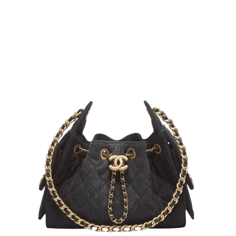 Chanel 25 Mini Handbag Washed Denim & Gold-Tone Metal Black