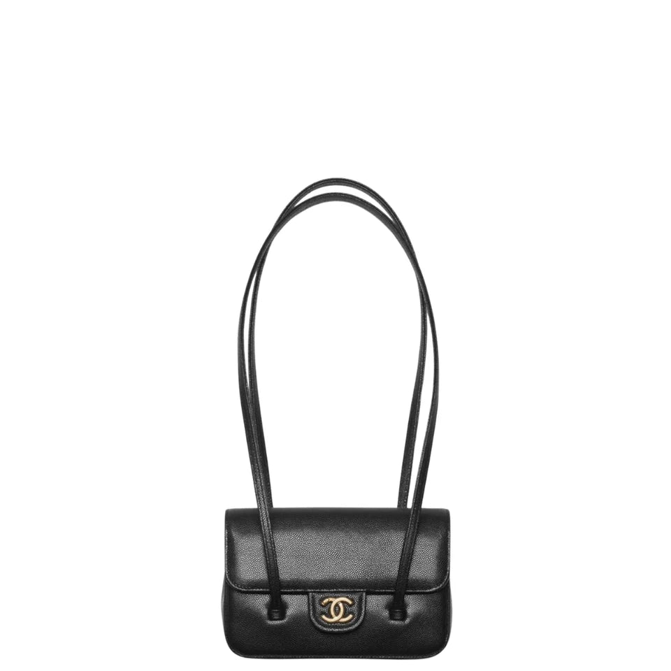 Chanel Clutch with Leather Strap, Mini Preppy Flap Bag Grained Shiny Calfskin & Gold-Tone Metal Black