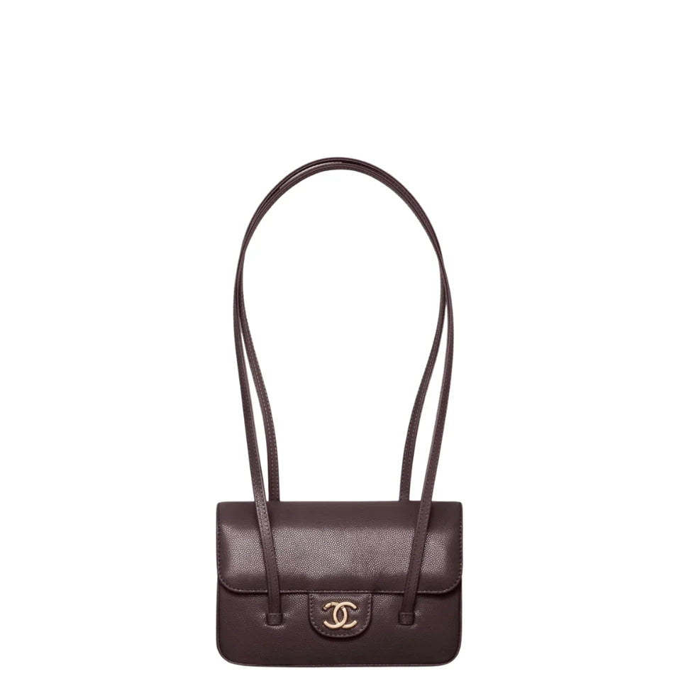 Chanel Clutch with Leather Strap, Small Preppy Flap Bag Grained Shiny Calfskin & Gold-Tone Metal Dark Brown