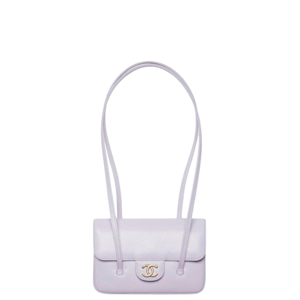 Chanel Clutch with Leather Strap, Mini Preppy Flap Bag Grained Shiny Calfskin & Gold-Tone Metal Purple