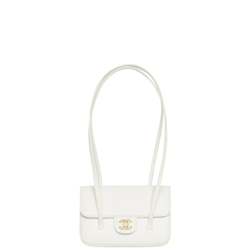 Chanel Clutch with Leather Strap, Mini Preppy Flap Bag Grained Shiny Calfskin & Gold-Tone Metal White