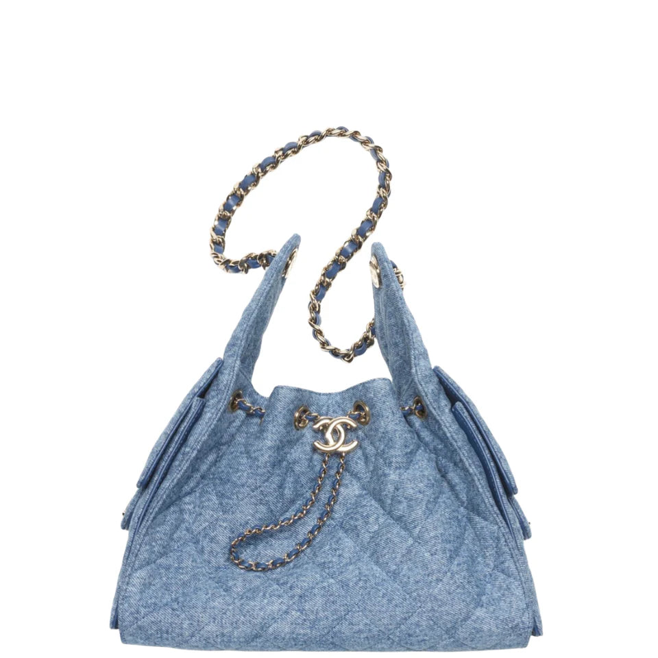 Chanel 25 Small Handbag Washed Denim & Gold-Tone Metal Blue