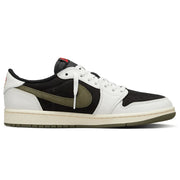 Women's Travis Scott x Air Jordan 1 Low OG Olive in black suede with off-white leather and olive Swoosh