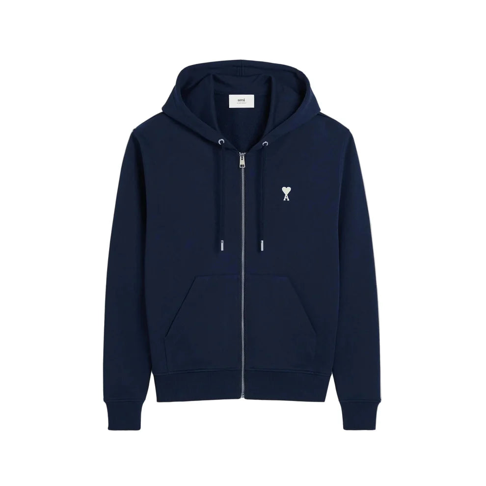 AMI Paris Cotton AMI De Coeur Zipped Hoodie Navy