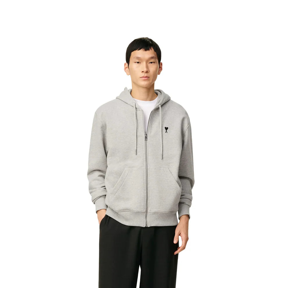AMI Paris Cotton AMI De Coeur Zipped Hoodie Grey