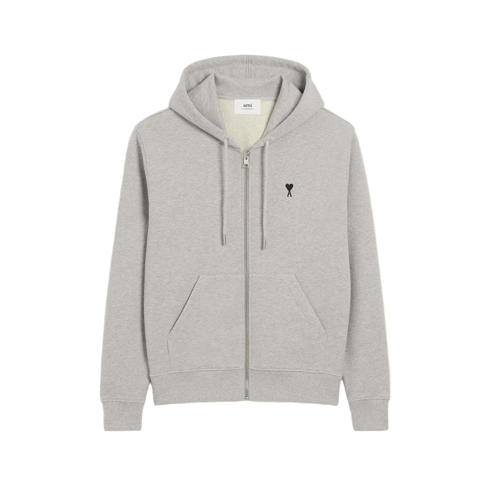 AMI Paris Cotton AMI De Coeur Zipped Hoodie Grey