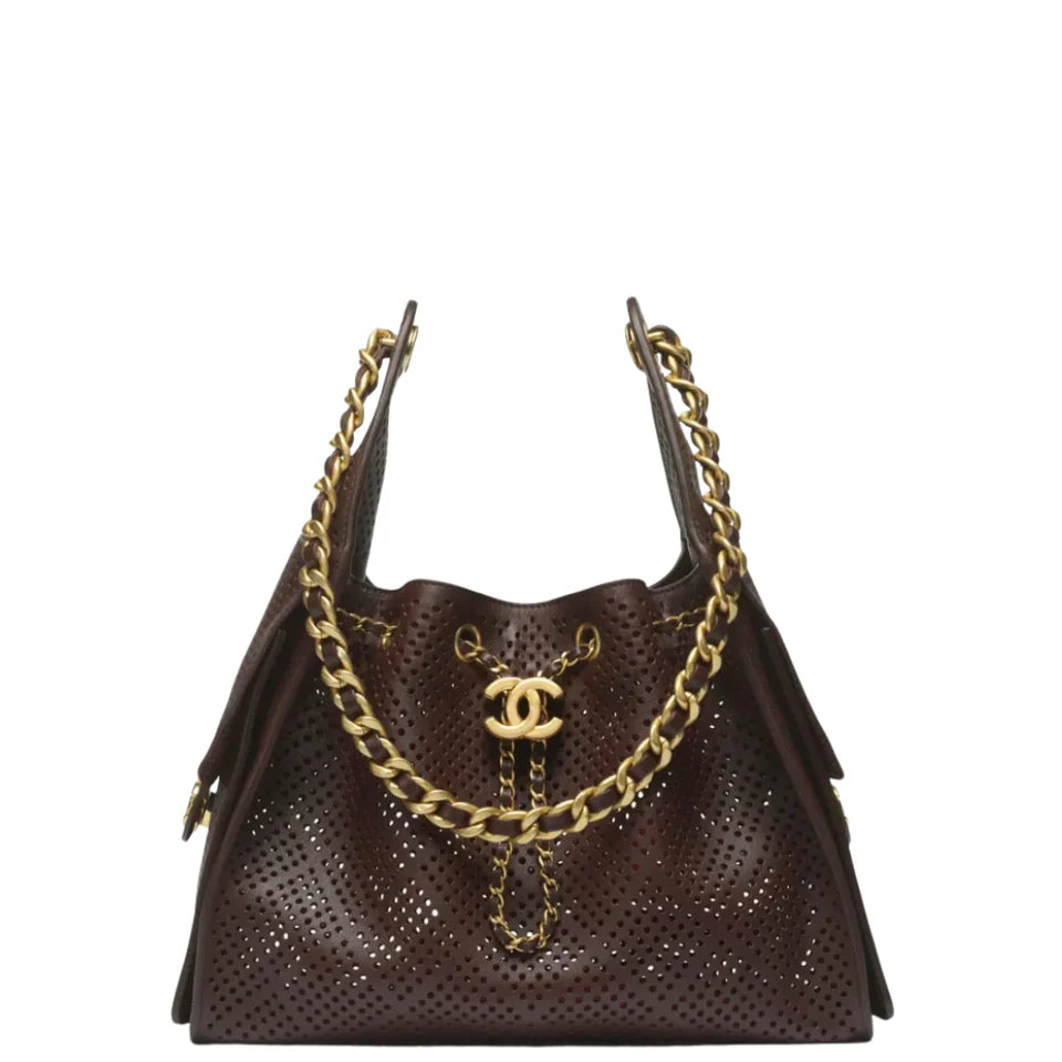 Chanel 25 Small Handbag Perforated Calfskin & Gold-Tone Metal Dark Brown