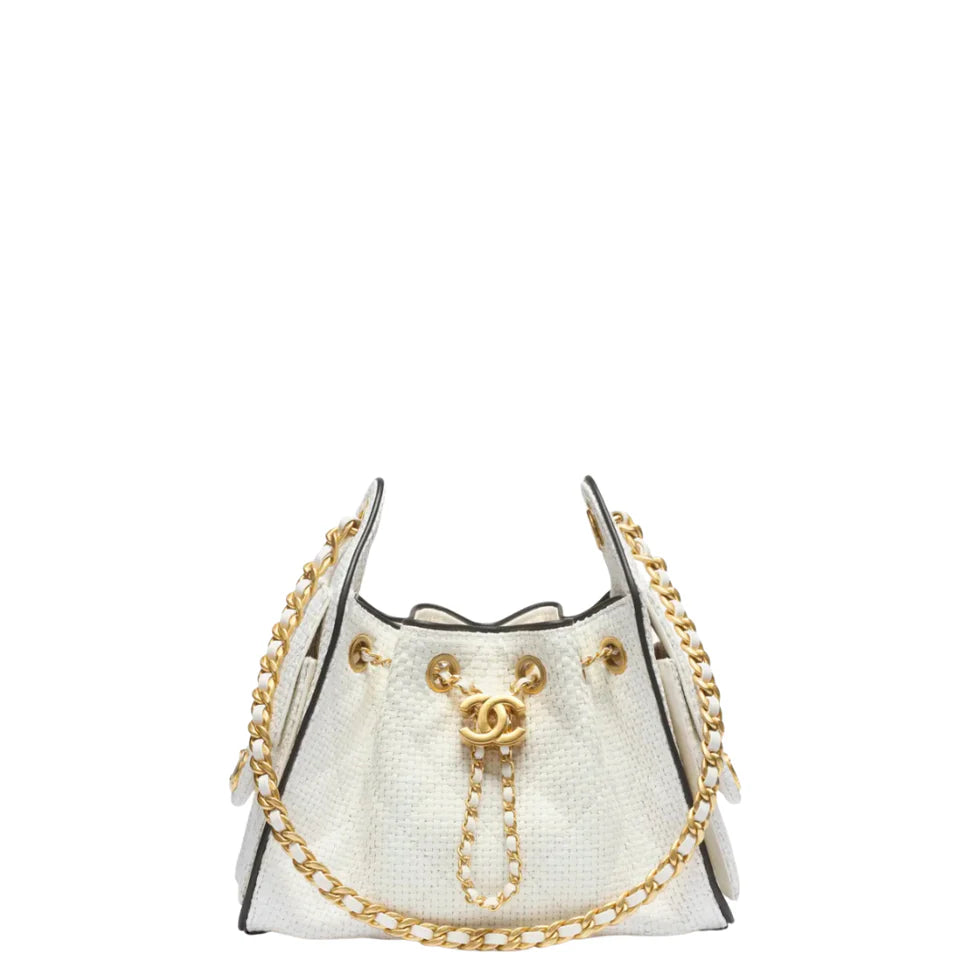 Chanel 25 Mini Handbag Braided Raffia, Calfskin & Gold-Tone Metal White & Black
