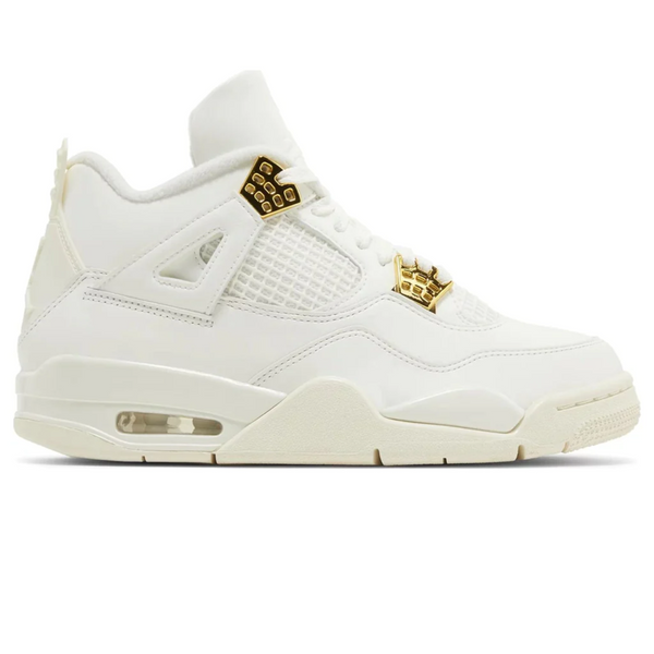 Women's Air Jordan 4 Retro Metallic Gold sneakers in off-white leather with gold eyelets and cream outsole