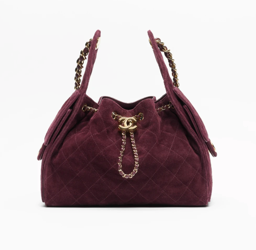 CHANEL 25 Suede Calfskin & Gold Metal Burgundy Small Handbag