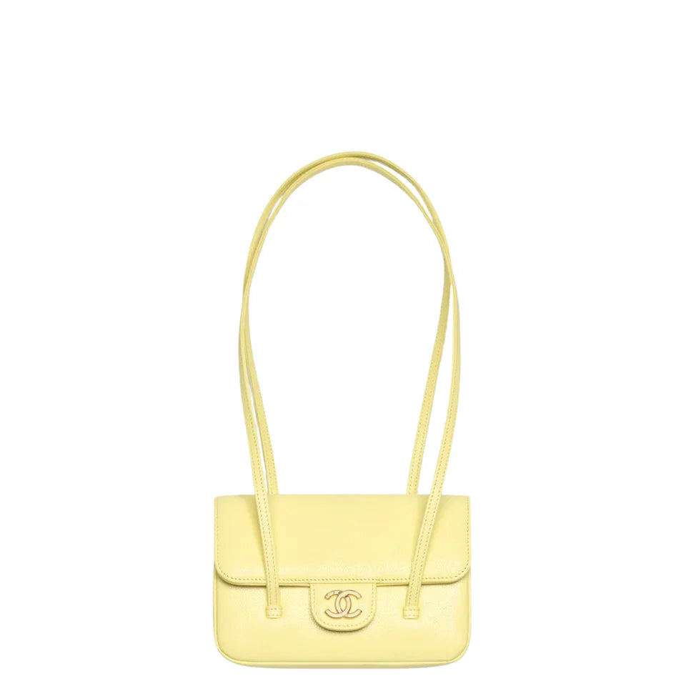 Chanel Clutch with Leather Strap, Mini Preppy Flap Bag Grained Shiny Calfskin & Gold-Tone Metal Light Yellow