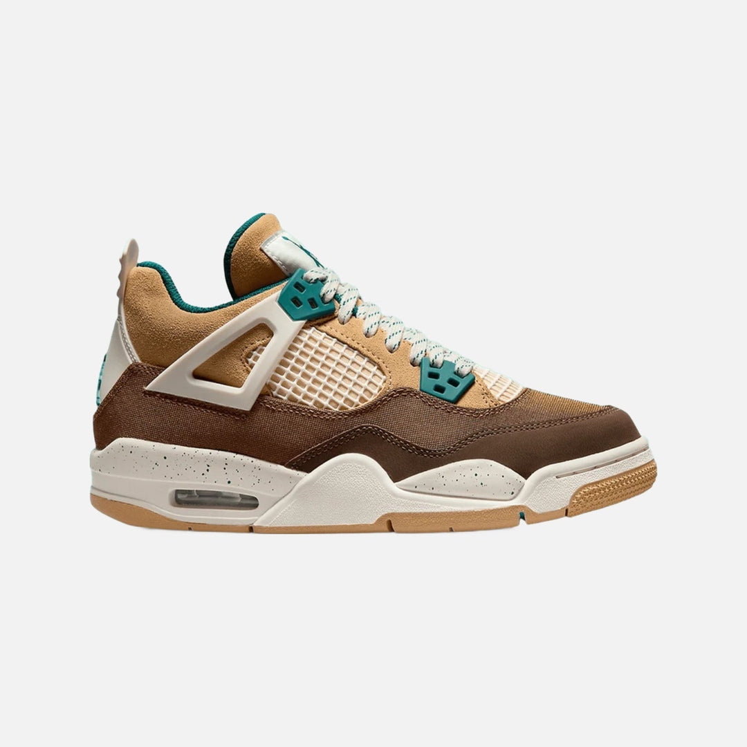 Air Jordan 4 Retro GS Cacao Wow sneaker in brown canvas and tan suede with teal accents and gum sole