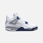 Load image into Gallery viewer, Air Jordan 4 Retro Midnight Navy sneaker in white leather with black wings and navy eyelets