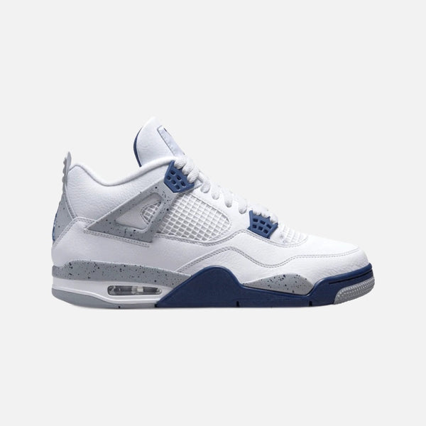 Air Jordan 4 Retro Midnight Navy sneaker in white leather with black wings and navy eyelets