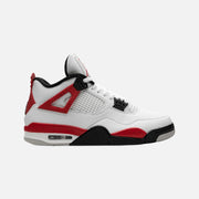 Air Jordan 4 Retro Red Cement sneaker in white leather with black and speckled Fire Red accents