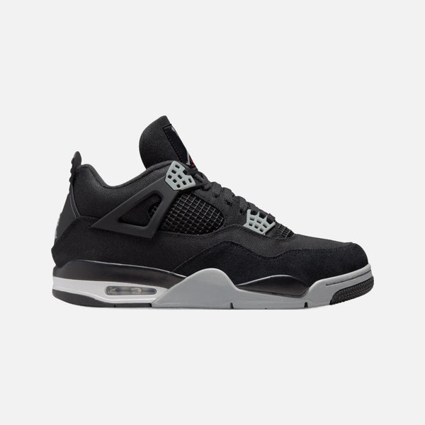Air Jordan 4 Retro SE Black Canvas sneaker with black canvas upper, suede overlay and grey Jumpman heel