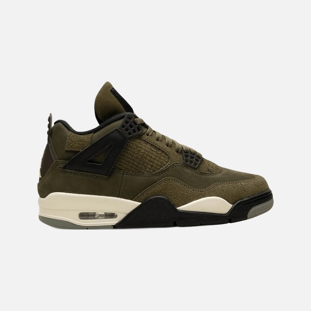 Air Jordan 4 Retro SE Craft Olive sneaker in green nubuck and suede with black accents and white midsole