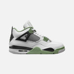 Load image into Gallery viewer, Air Jordan 4 Retro Women's Seafoam sneaker in white with Seafoam wings, black accents and grey outsole